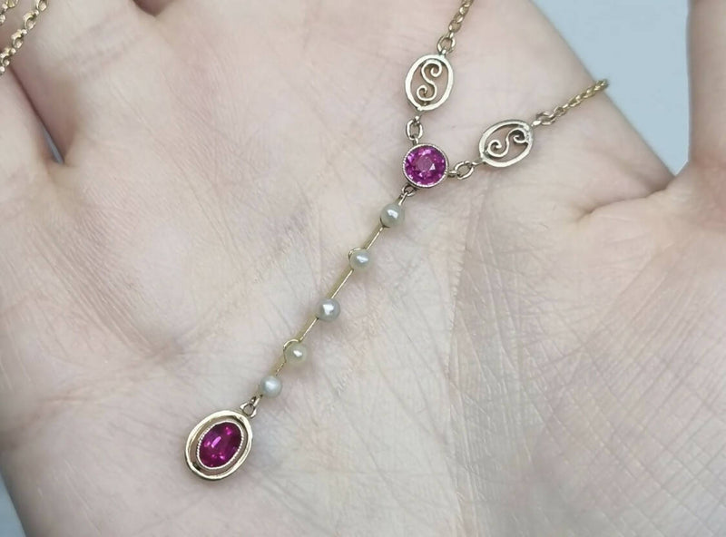 Murrle Bennett & Co 9ct Yellow Gold Art Nouveau c1910 Pink Sapphire, Ruby & Pearl Drop Necklace