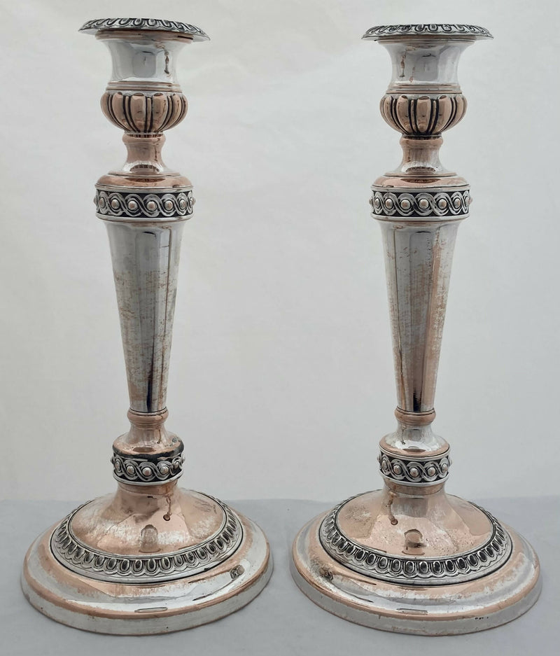 Georgian, Pair of Old Sheffield Plate Crested Candlesticks, circa 1820.