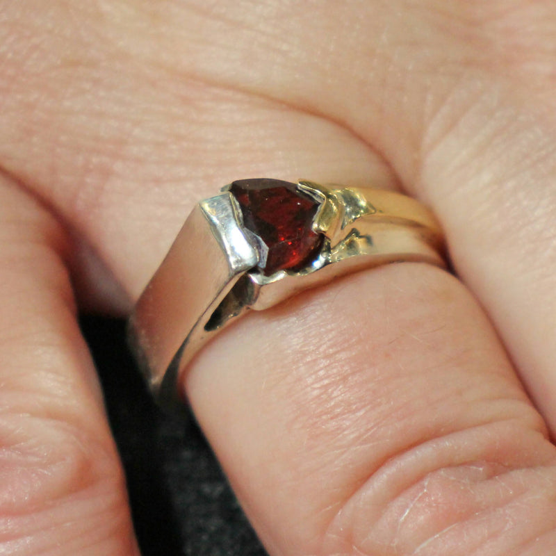 Jake: Silver and gold trillion cut garnet set ring