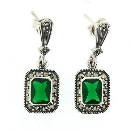 Silver Emerald Green Marcasite Earrings
