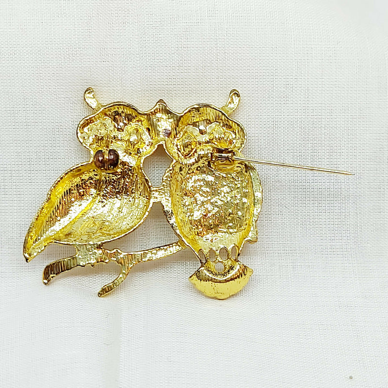 Gold Tone Happy Owls Brooch