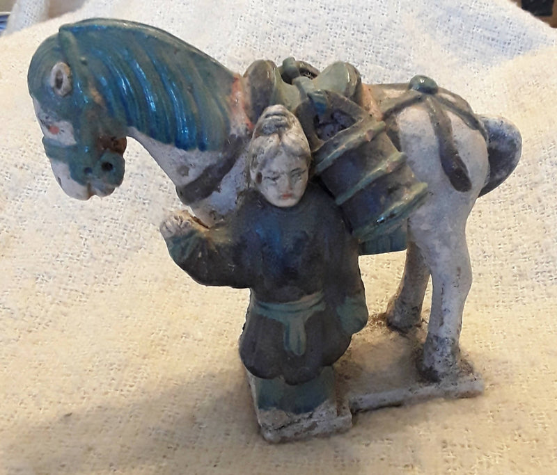 An Ancient Chinese -Late Ming Dynasty- Terracotta Horse And Groom Figure.