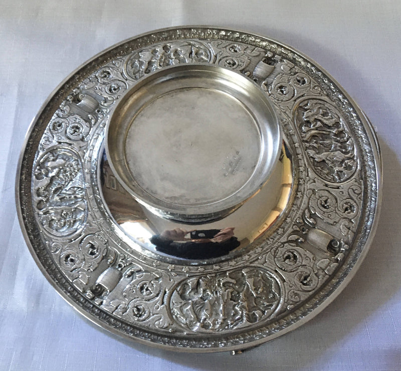 Victorian silver plated swing handled tazza. Elkington & Co. 1874