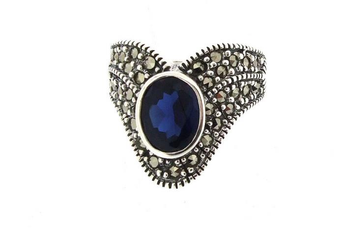 Silver Sapphire Blue Crystal Marcasite Ring