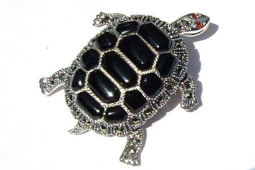 Tortoise Brooch Silver Black Marcasite Pin Pendant