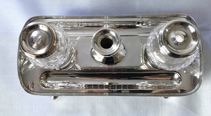 Georgian, George III period, Old Sheffield Plate inkstand with wafer box and taperstick. Circa 1800.