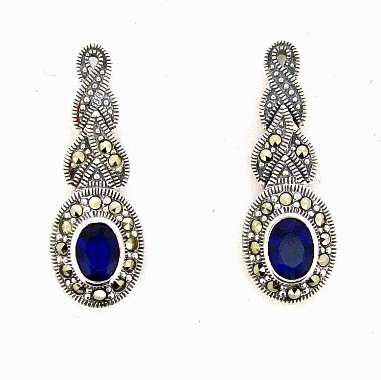 Silver Sapphire Marcasite Earrings Blue
