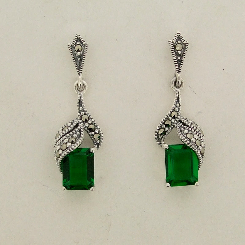 Silver Marcasite Emerald Crystal Green Earrings