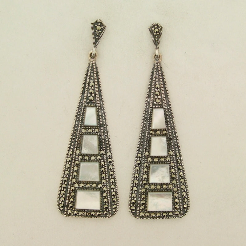 Silver Marcasite Mother of Pearl Art Deco Earrings