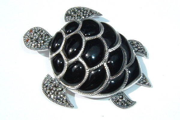 Silver Turtle Brooch Marcasite Black Pin Pendant