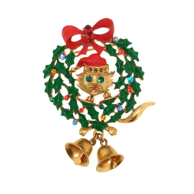 Butler & Wilson Christmas Wreath Cat Brooch Pin