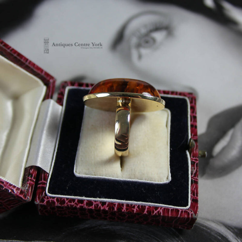 Large 14ct Gold Baltic Amber Ring by Danish Designer Halberstadt Willy Fagert