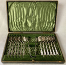 Aesthetic Movement cased set of naturalistic double struck teaspoons and sugar tongs, circa 1880 - 1900.