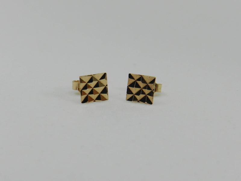 Gold Square Stud Earrings Diamond Cut Pattern