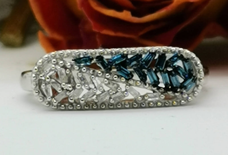 New Blue and White Diamonds (BGT) 925 Sterling Silver with Platinum Overlay Ring (Size O)
