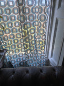 Squircles funky -contemporary Style Madras Blue /brown Cotton Lace Curtain Panel remnant 68”/86”