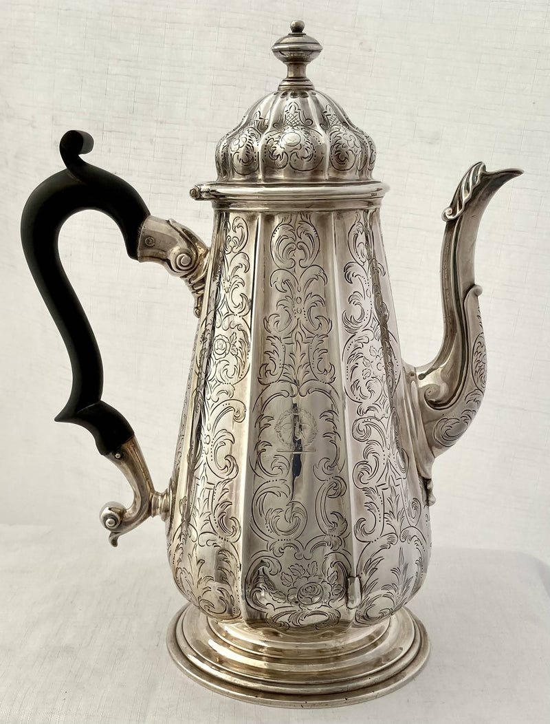 Georgian, George II, Silver Coffee Pot, Crest of Sewell. London 1735 John Fossey. 28 troy ounces.