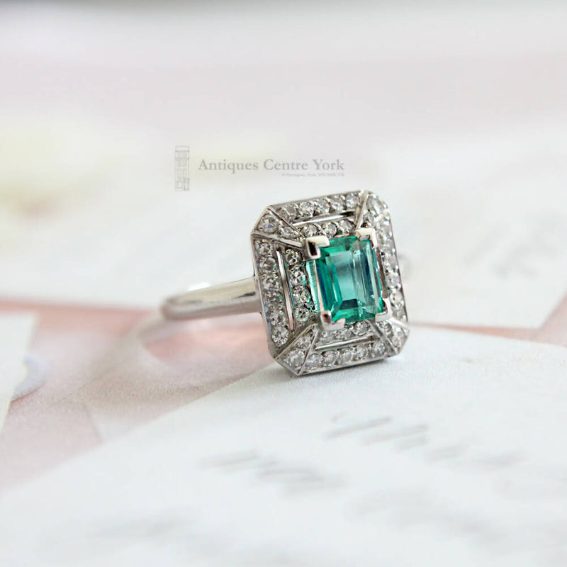 Vintage Platinum Emerald & Diamond Rectangular Cluster Ring