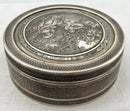 Edwardian Circular Silver Box. Engraved with Le Denicheur, after Boucher. London 1910 Andrew Barrett & Sons. 6.7 troy ounces.