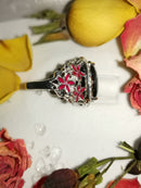 New Black Tourmaline and Zircon Halo Cocktail Ring in Platinum Plated in Sterling Silver - Size O