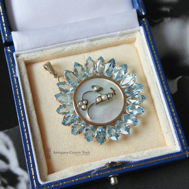 Unique 14ct Blue Topaz & Mother of Pearl Pendant