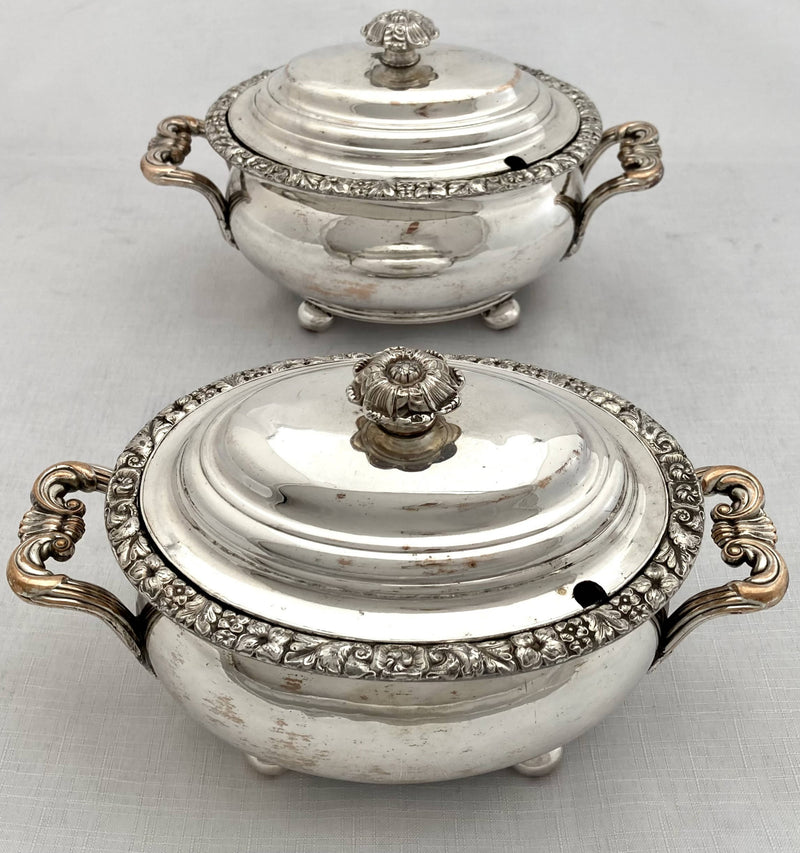 Georgian, George IV, Pair of Old Sheffield Plate Sauce Tureens. Circa 1820 - 1830.