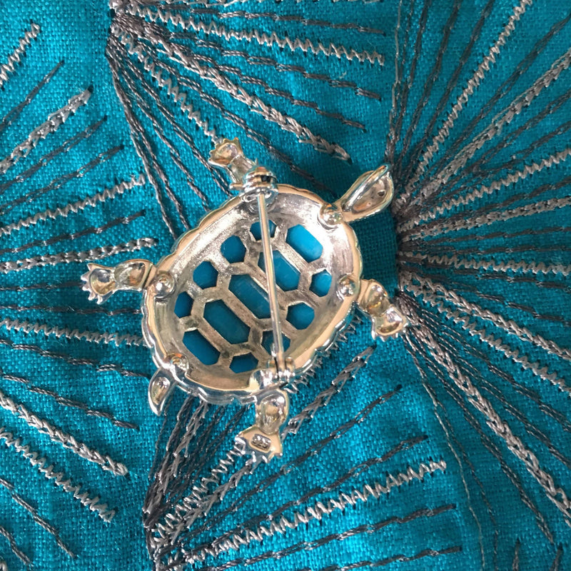 Turquoise Tortoise Brooch Marcasite Silver Pin Pendant