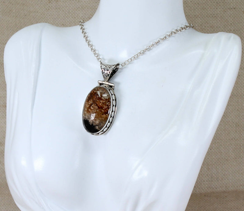 Vintage Silver & Plume Agate Statement Pendant and Chain
