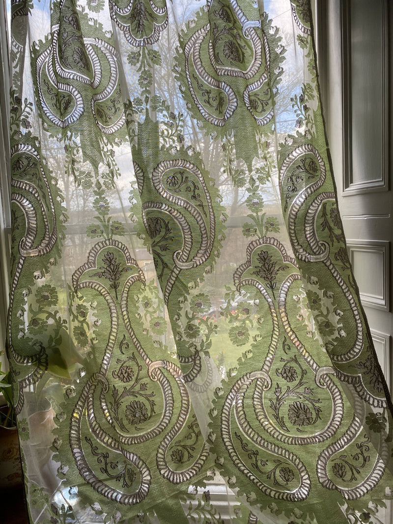 A Striking paisley green & brown designer madras Lace Curtain Panel 66”/ 70”