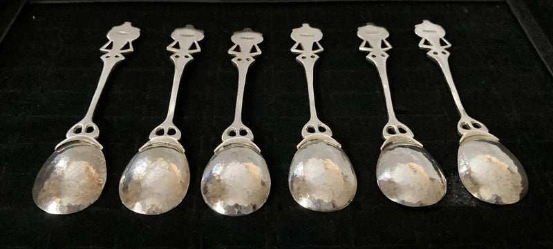 Edwardian Period set of Six Arts & Crafts Coffee Spoons with Entrelac Stems & Seed Pod Terminals.