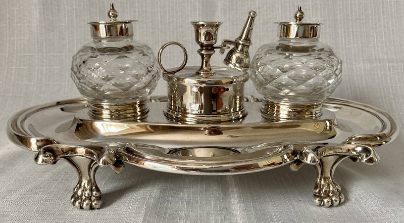 Georgian Style Silver Plated Inkstand with Twin Inkwells & Taperstick Holder.