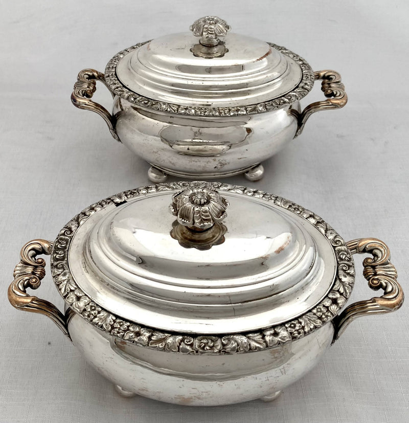 Georgian, George IV, Pair of Old Sheffield Plate Sauce Tureens. Circa 1820 - 1830.