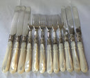 Victorian cased set of crested silver plate and mother of pearl dessert cutlery for twelve. Elkington 1880 and 1881.
