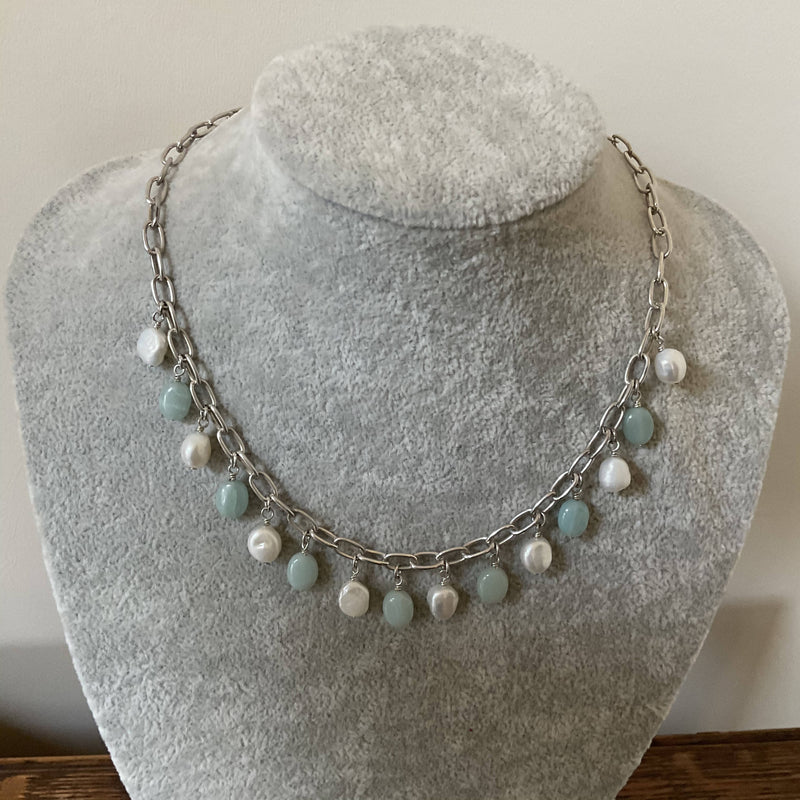 Silver, blue beryl and pearl necklace
