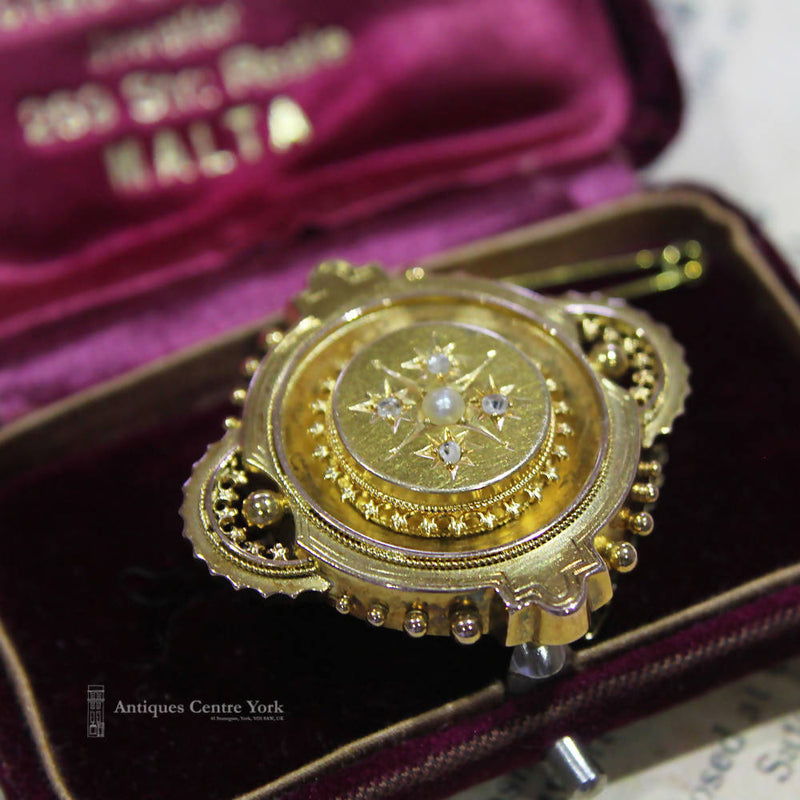 Victorian 15ct Gold & Diamond & Pearl Brooch