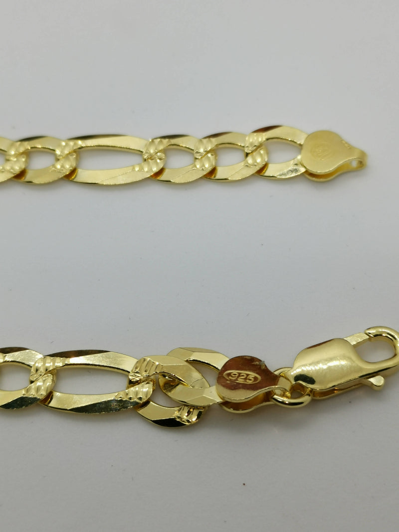 New Italian 14K Gold Overlay 925 Sterling Silver Figaro Bracelet (Size 8.5)