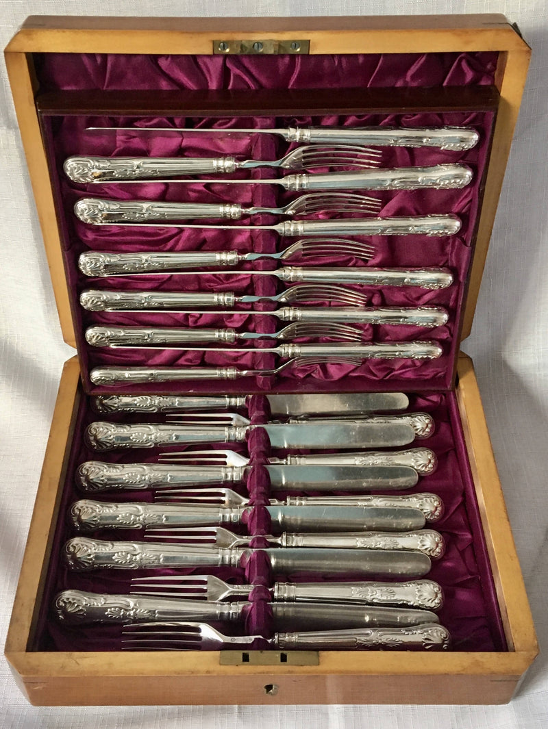Victorian silver Kings pattern dessert knives & forks for twelve persons. Sheffield 1863 Aaron Hadfield.