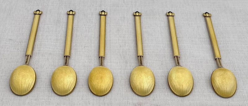 Cased Set of Six Art Deco Silver Gilt & Guilloche Enamel Demitasse Spoons. David Andersen, Norway. 2 troy ounces.