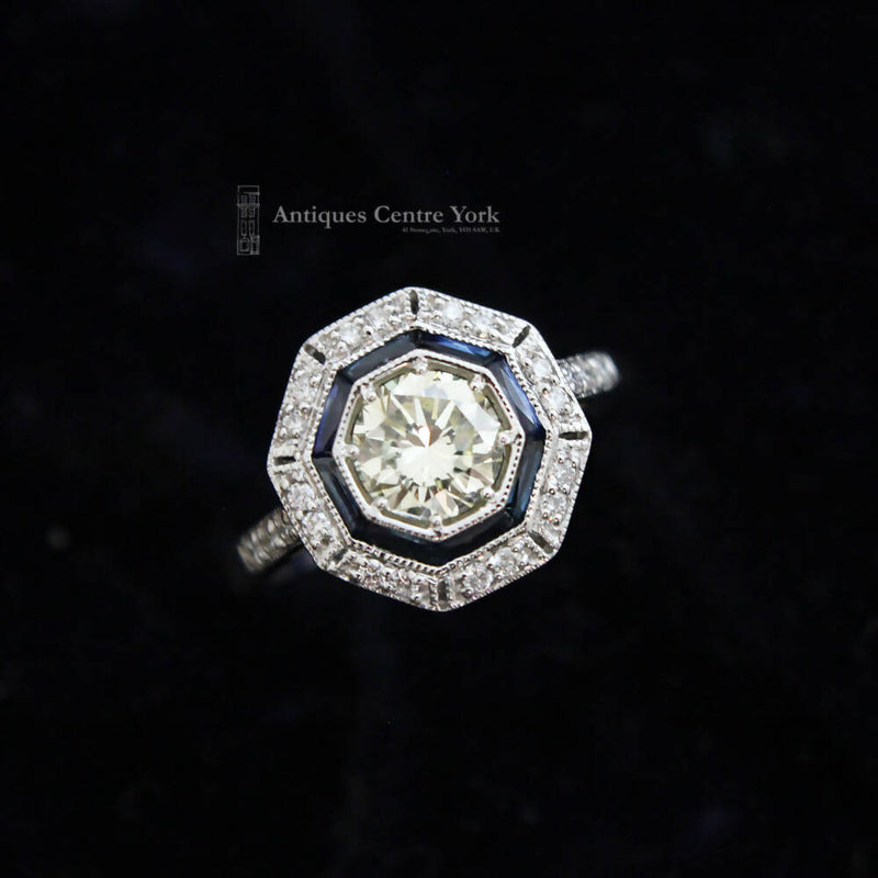 Deco Style 18ct White Gold Diamond & Sapphire Cluster Ring