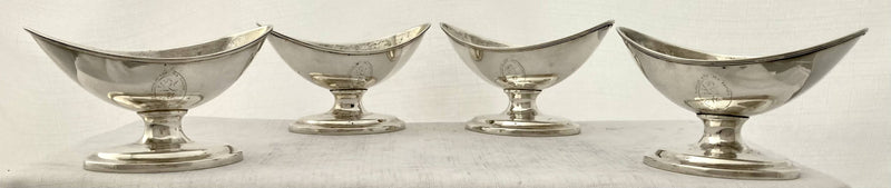 George III Four Scottish Silver Salts, Crested for Stuart of Bute. Edinburgh circa 1780 - 1810. 8.4 troy ounces.