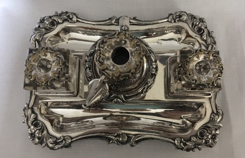 William IV period Sheffield plated inkstand with central taperstick holder. Circa 1835 - 1840