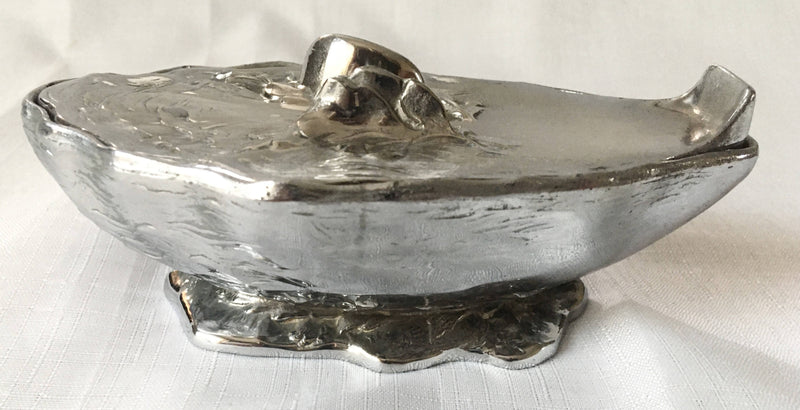 French novelty silver plated mignonette sauce dish and cover, with glass liner, in the form of an oyster shell. Signed M. Gouaille.