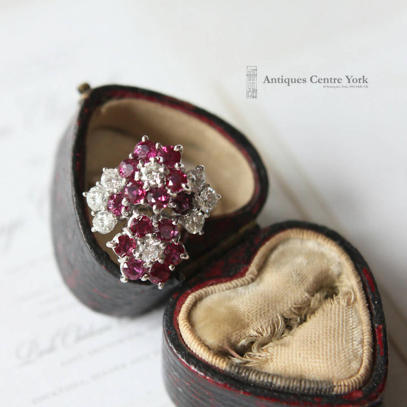 Vintage 18ct White Gold Ruby & Diamond Double Cluster Ring