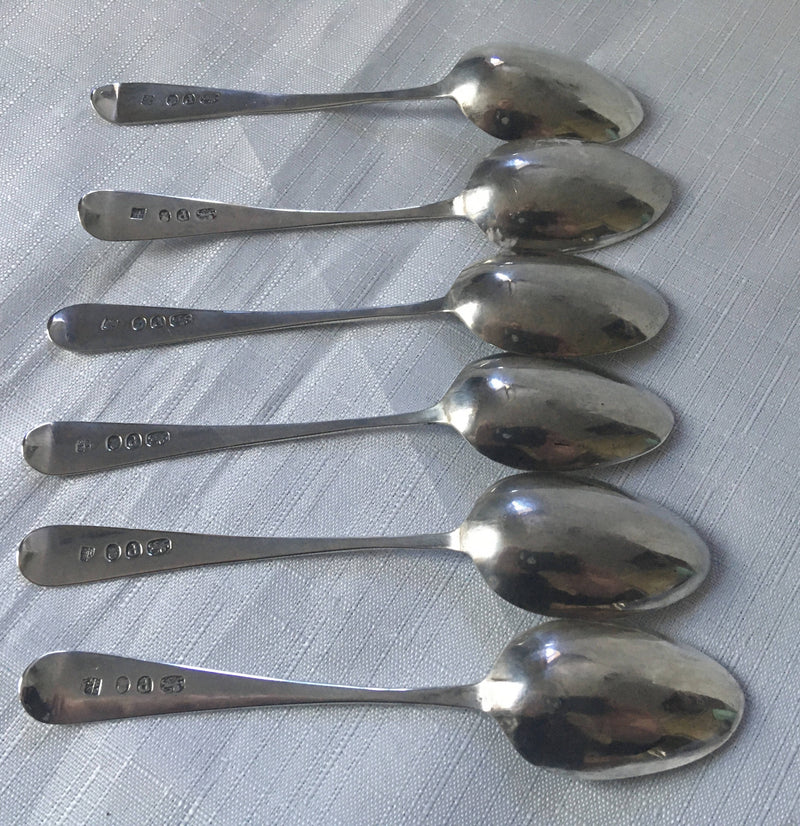 Georgian, George III, set of six silver teaspoons. London 1790 Godbehere & Wigan. 1.5 troy ounces.