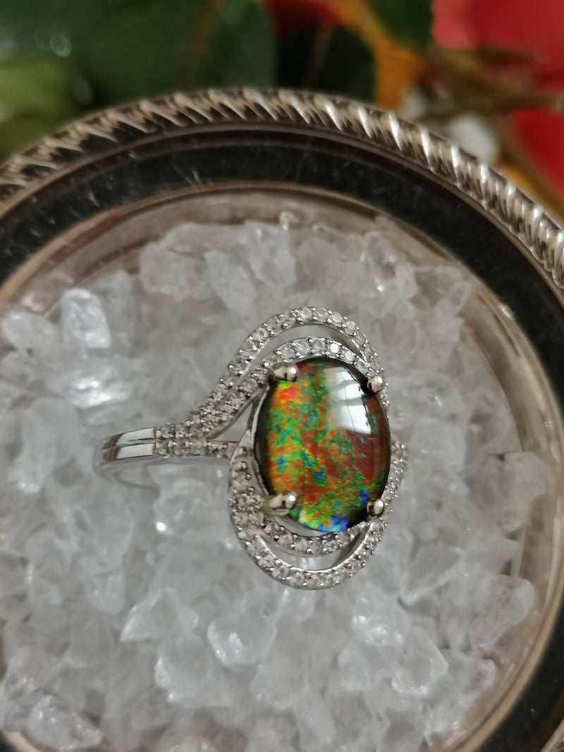 New AA Canadian Ammolite Natural Cambodian Zircon Ring in Platinum Overlay Sterling Silver - Size T