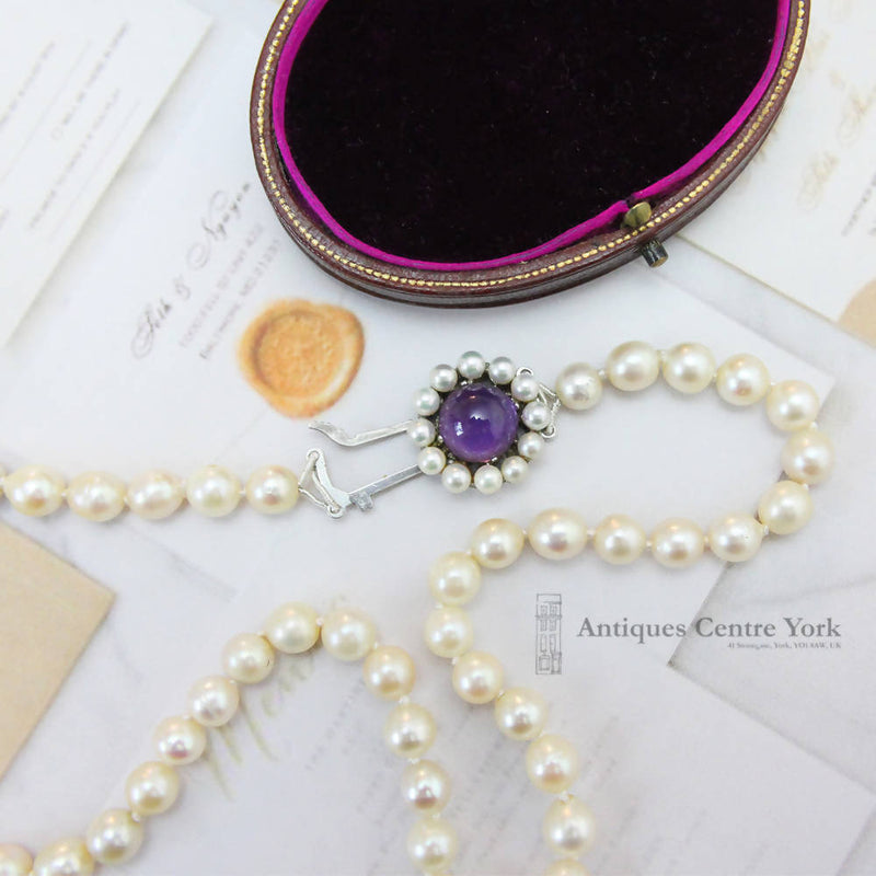 Vintage 21" Cultured Pearls Silver Amethyst & Pearl Clasp