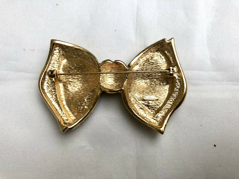 Vintage Christian Dior Bow Brooch, gold plate, enamel and rhinestone