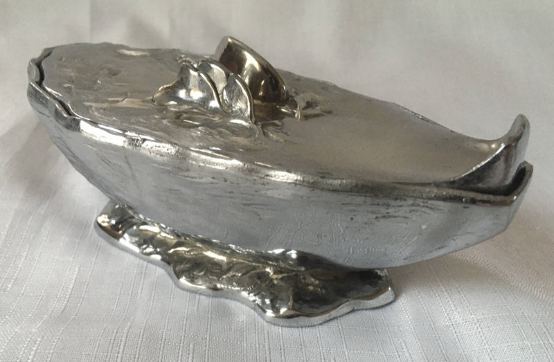 French novelty silver plated mignonette sauce dish and cover, with glass liner, in the form of an oyster shell. Signed M. Gouaille.