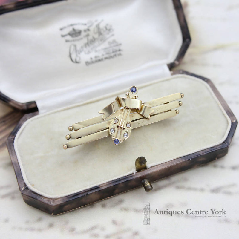 Victorian 15ct Sapphire & Diamond Lyre Brooch