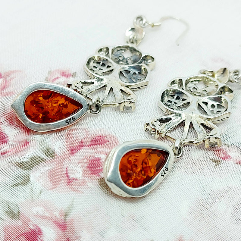 Pretty Silver, Amber & Faux Diamond Earrings